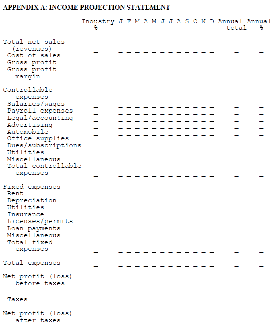 APPENDIX A: INCOME PROJECTION STATEMENT