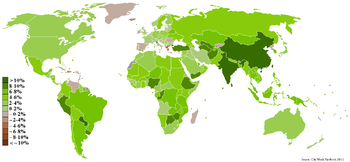 World map showing the CIA estimate of GDP growth rates for 2010