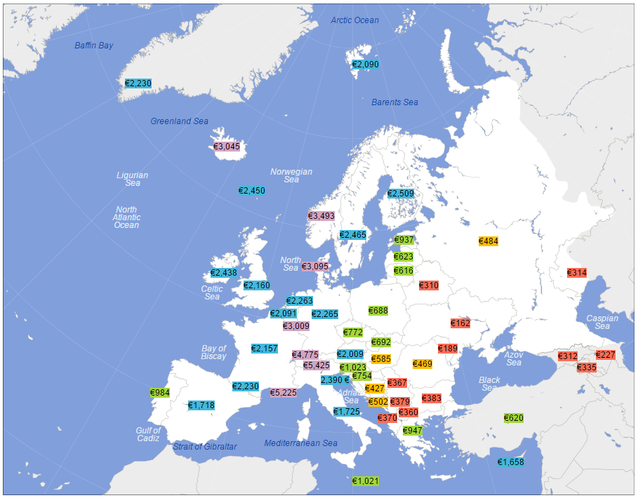 The countries and territories in purple on the map have net average monthly salaries