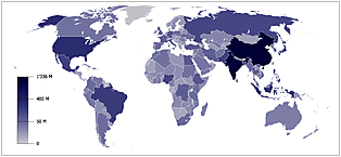Map of world population. Gray-scale legend: 0 to 50 M to 400 M to 1'336 M (million).