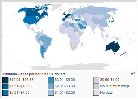 Minimum official wages by country