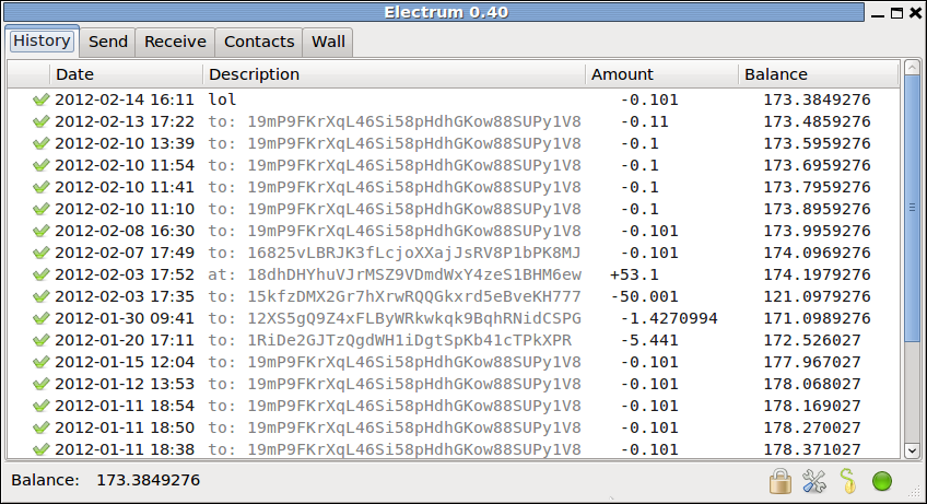 A bitcoin transaction log showing addresses