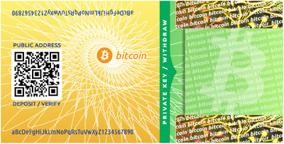 Example of a bitcoin paper wallet with private key hidden beneath tamper-evident seals